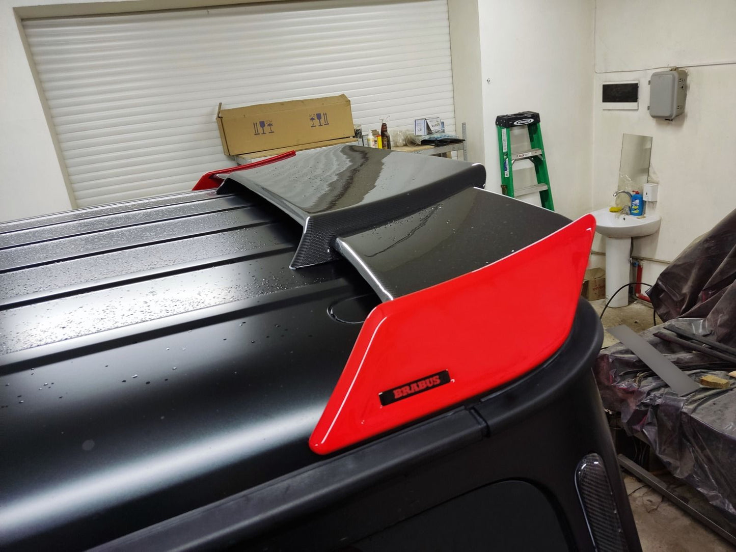 Carbon Fiber Rear Roof Spoiler with Red Side Pieces Brabus Style for Mercedes-Benz W463A G-Class