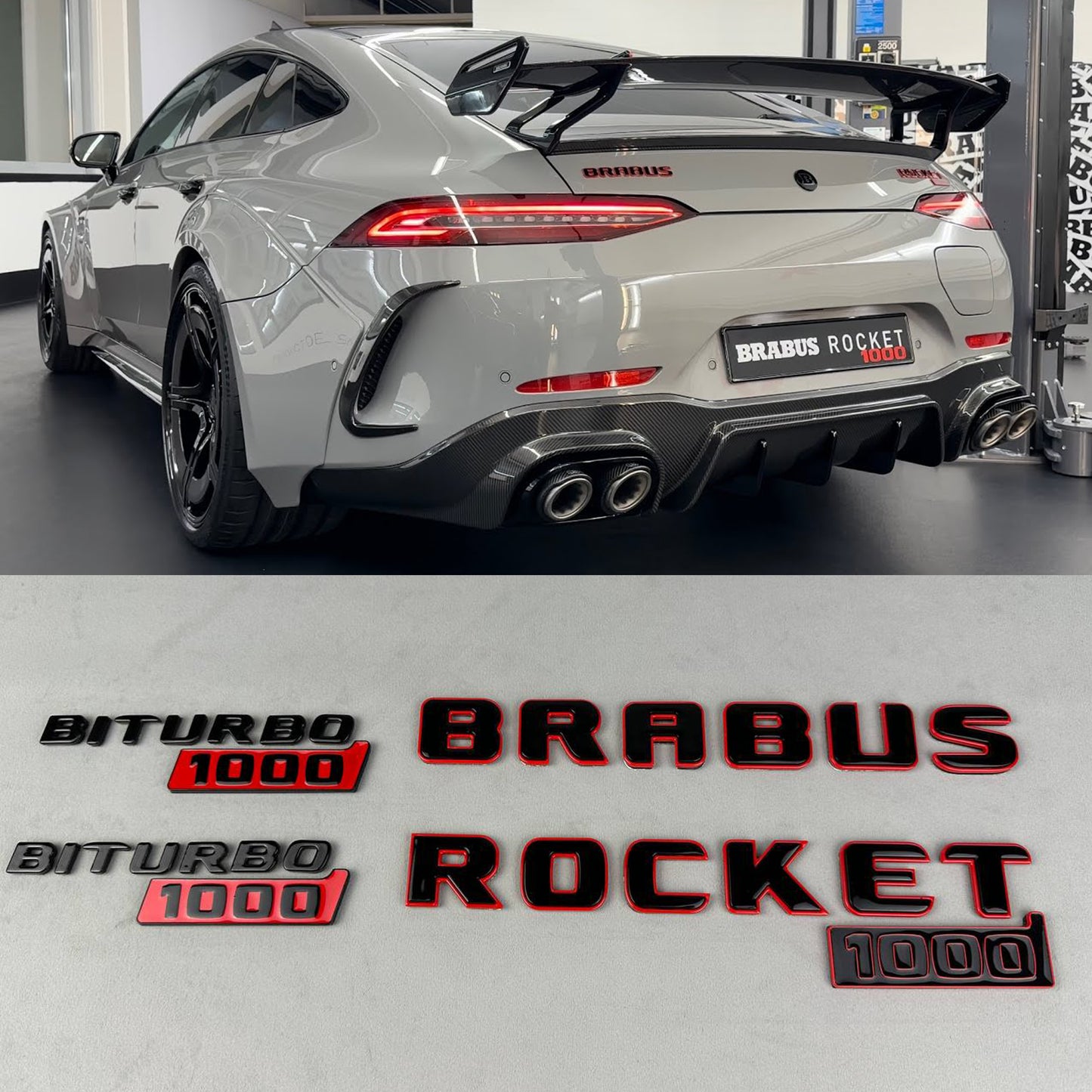 BRABUS Style Rocket 1000 “1 of 25” Rear and Fender Emblems Black with Red Badges Biturbo 1000 for Mercedes-Benz GT 2024