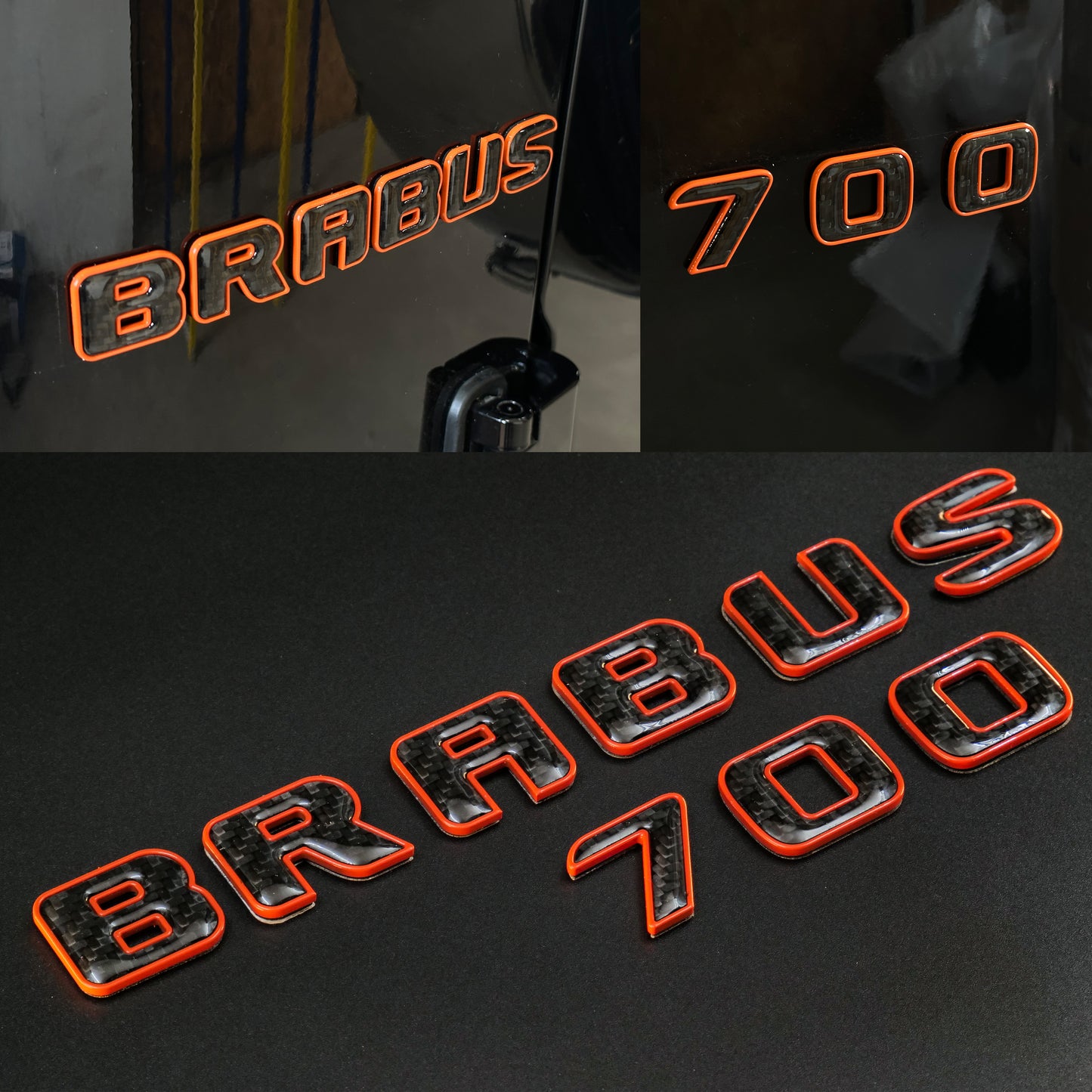 Brabus 700 Style Orange Metal with Carbon Badges Emblems Set for Mercedes-Benz W463 W463A W464