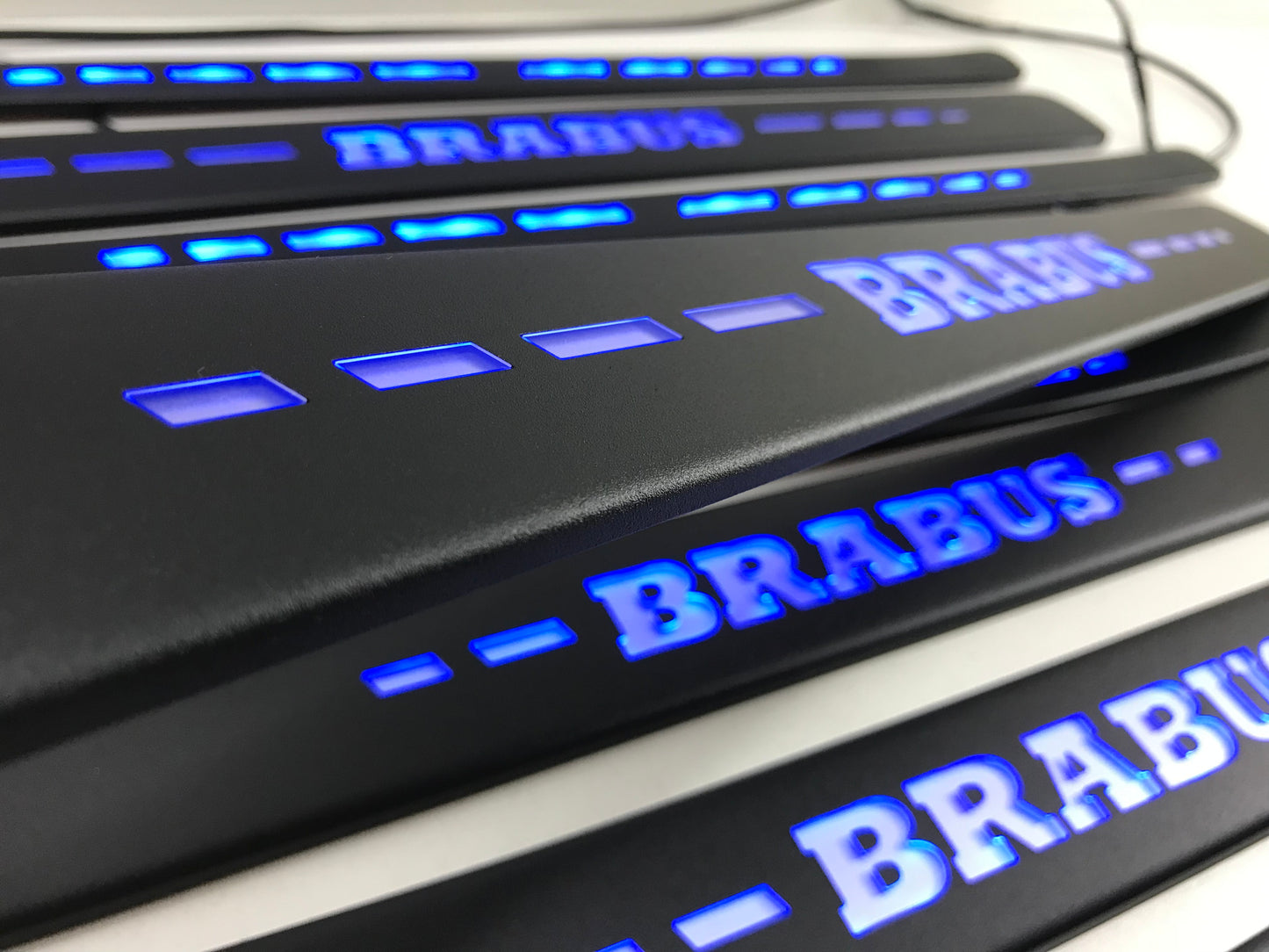 W223 Scuff Plates Brabus Style Blue LED Matte Black Door Sills made for S-Class