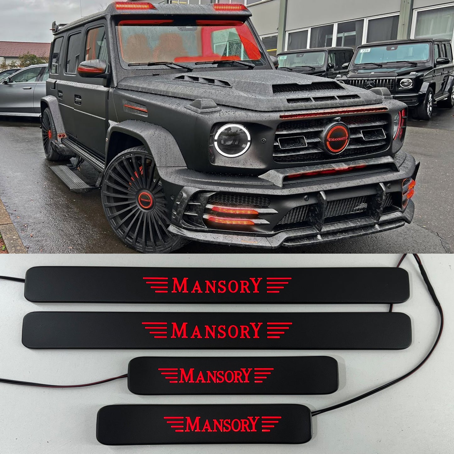 Mercedes-Benz G-Class W463A W464 door sills in matte black with LED lights, branded with 'MANSORY', displayed on a table and fitted on a vehicle.