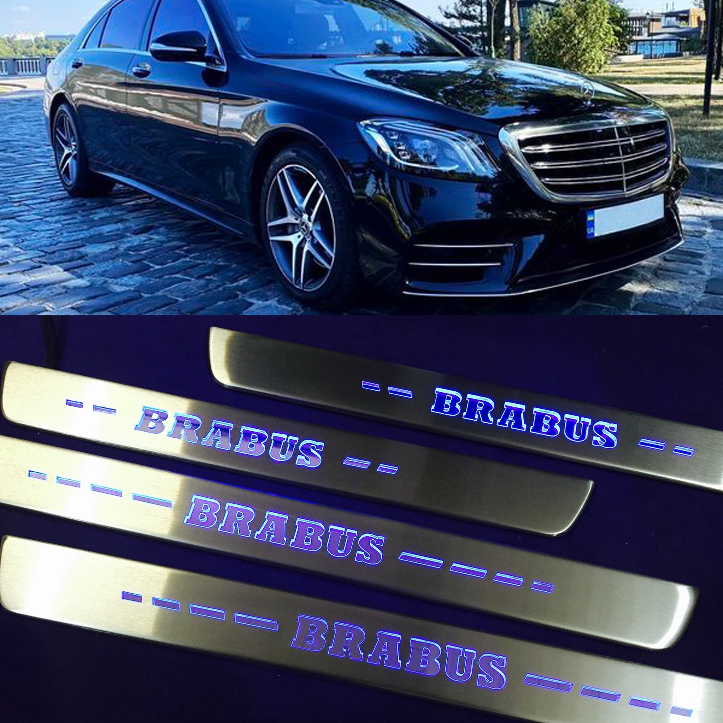 W222 Scuff Plates LED Brabus Style Stainless Steel Door Sills made for S-Class