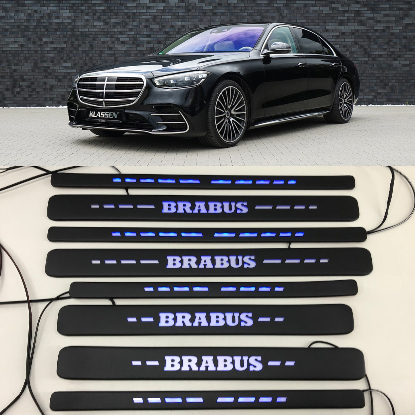 W223 Scuff Plates Brabus Style Blue LED Matte Black Door Sills made for S-Class