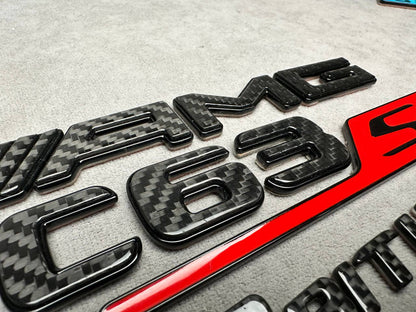 AMG С63S V8 biturbo 2026 Style Red and Carbon Badges Emblems Set for Mercedes-Benz C-Class