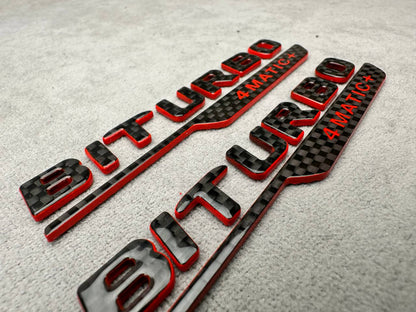 Biturbo 4 MATIC+ 2026 Style Emblems Black Carbon with Red Metal Badge for Mercedes-Benz Cars