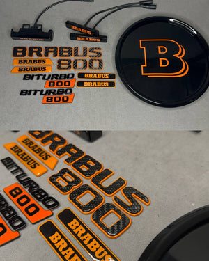 Brabus 800 Style Emblems Orange Metal with Carbon Badge LED Set for Mercedes-Benz Cars G Wagon
