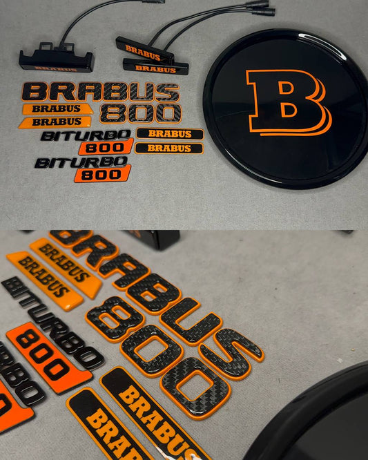 Brabus 800 Style Emblems Orange Metal with Carbon Badge LED Set for Mercedes-Benz Cars G Wagon