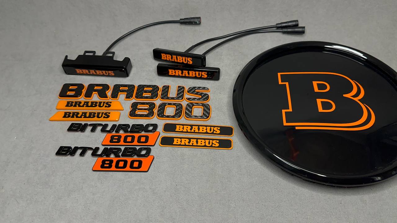 Brabus 800 Style Emblems Orange Metal with Carbon Badge LED Set for Mercedes-Benz Cars G Wagon