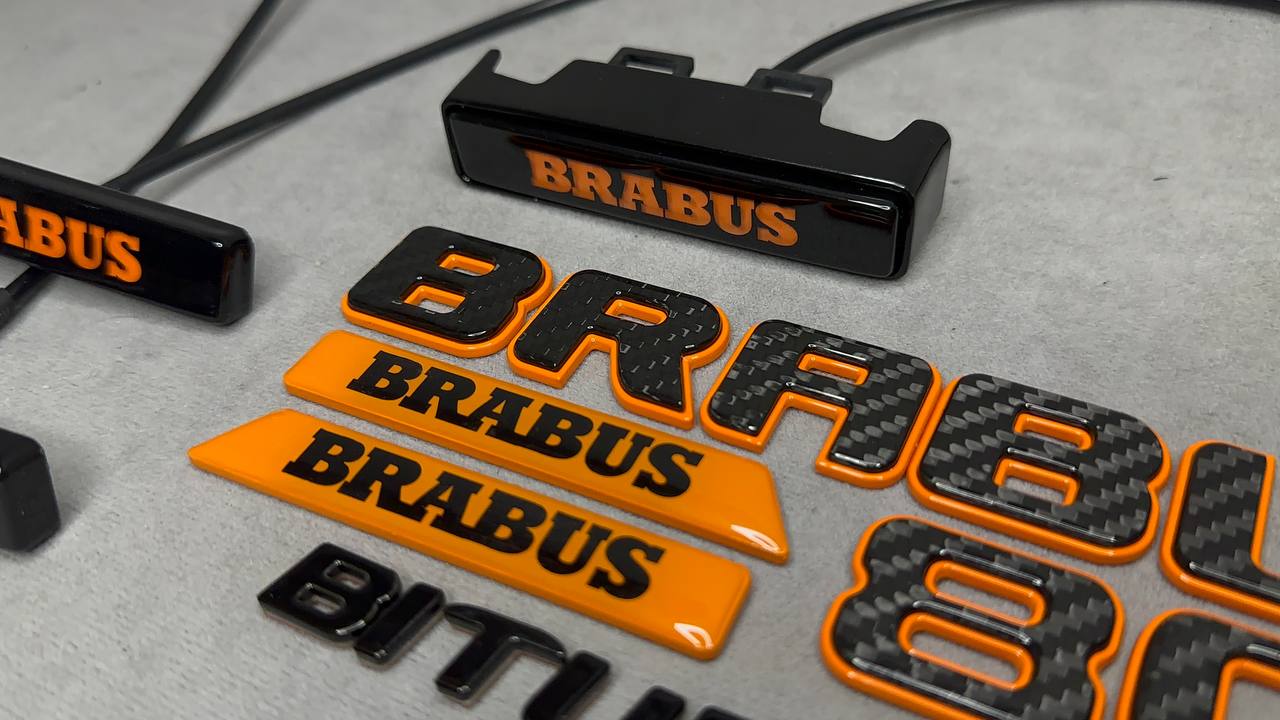 Brabus 800 Style Emblems Orange Metal with Carbon Badge LED Set for Mercedes-Benz Cars G Wagon