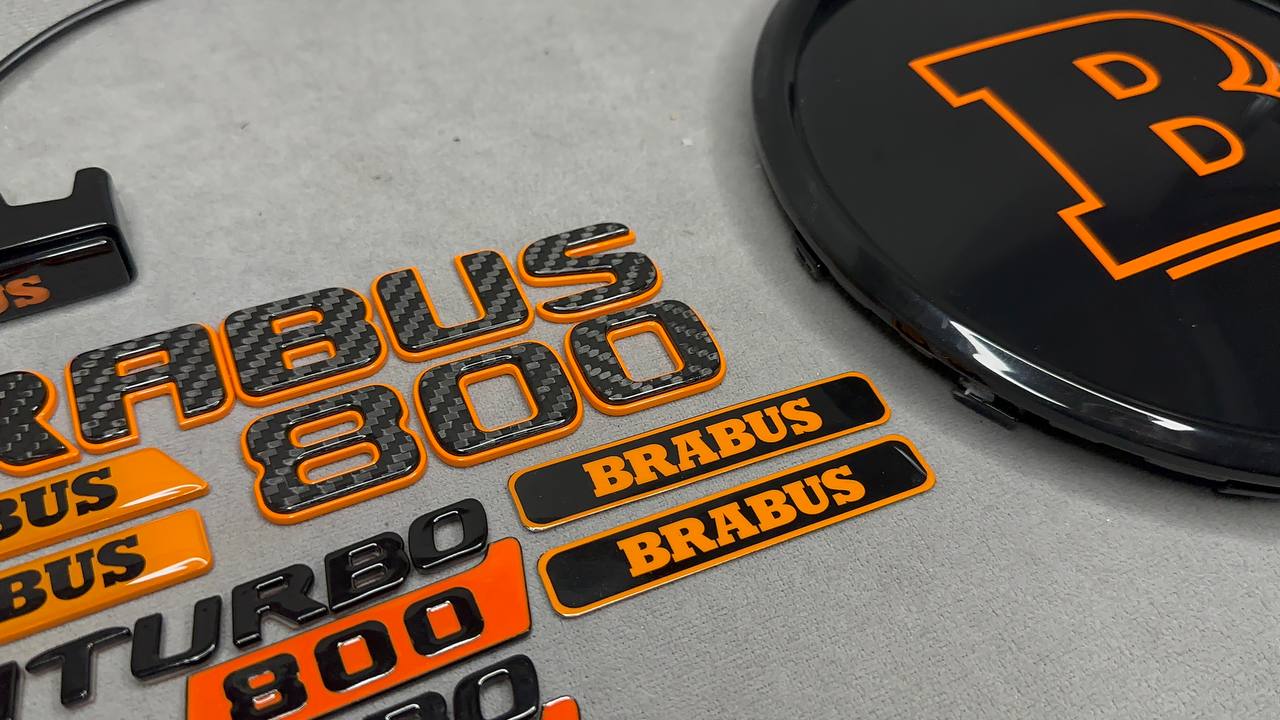 Brabus 800 Style Emblems Orange Metal with Carbon Badge LED Set for Mercedes-Benz Cars G Wagon