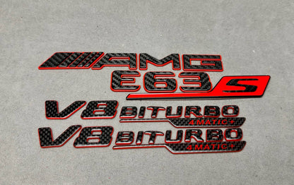 AMG E 63S V8 biturbo 4 MATIC+ New Style Red and Carbon Badges Emblems Set for Mercedes-Benz E-Class