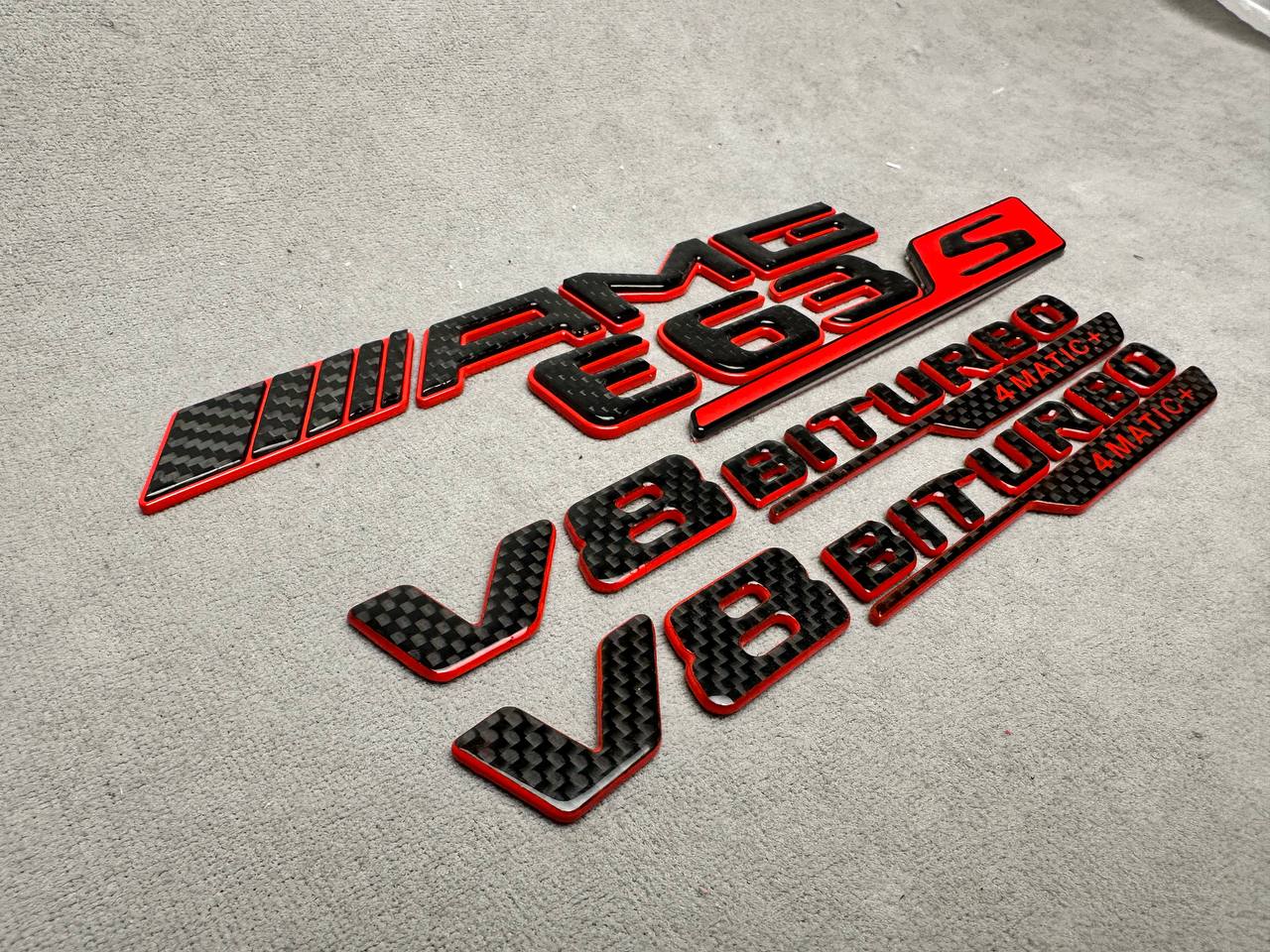 AMG E 63S V8 biturbo 4 MATIC+ New Style Red and Carbon Badges Emblems Set for Mercedes-Benz E-Class