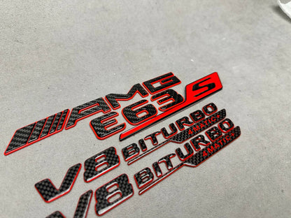 AMG E 63S V8 biturbo 4 MATIC+ New Style Red and Carbon Badges Emblems Set for Mercedes-Benz E-Class