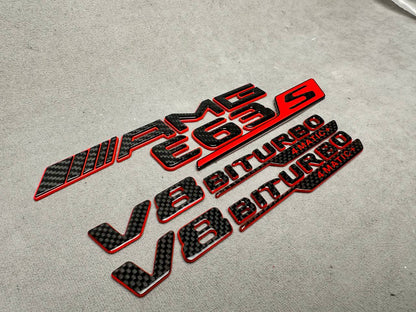 AMG E 63S V8 biturbo 4 MATIC+ New Style Red and Carbon Badges Emblems Set for Mercedes-Benz E-Class