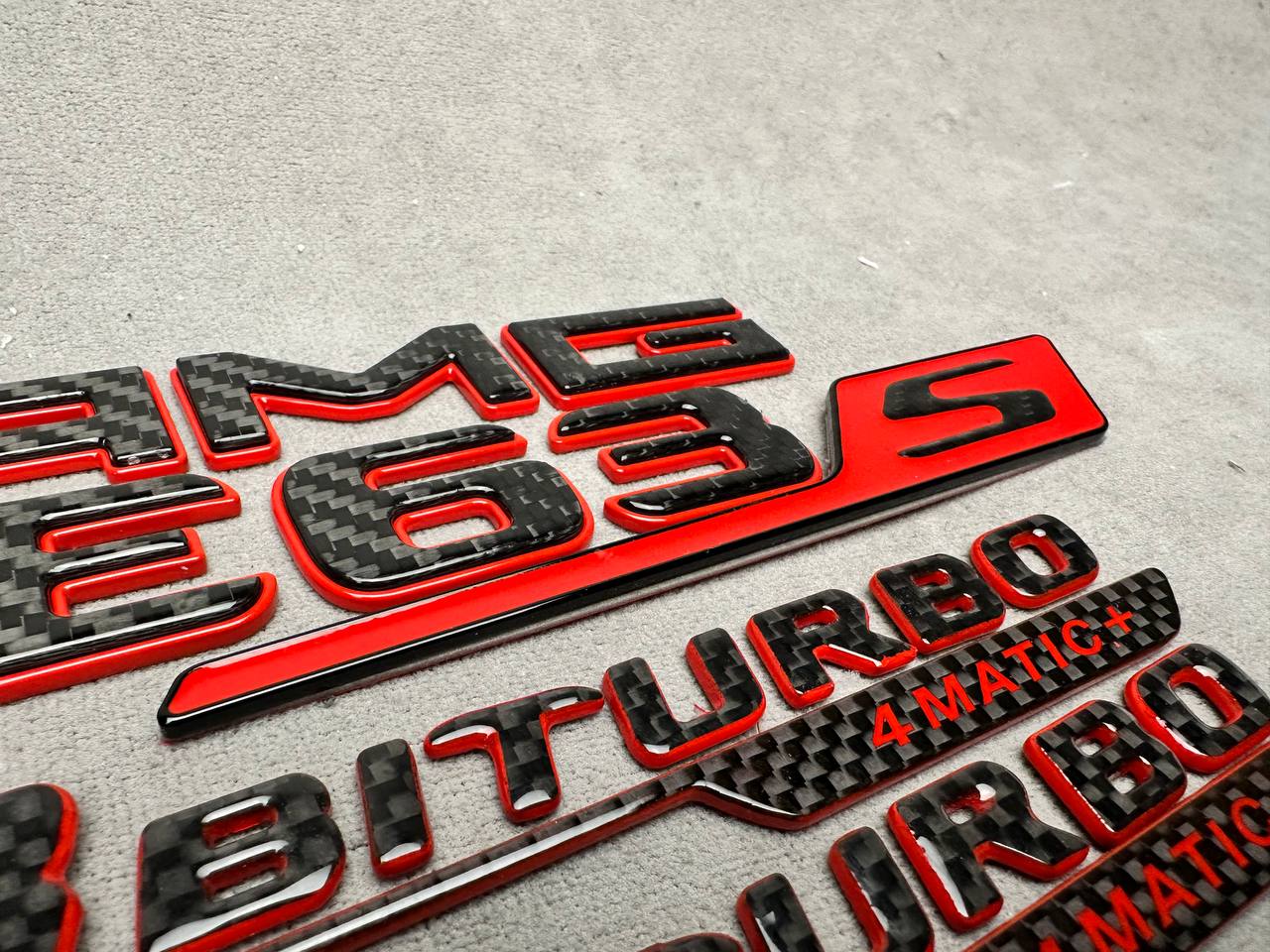 AMG E 63S V8 biturbo 4 MATIC+ New Style Red and Carbon Badges Emblems Set for Mercedes-Benz E-Class