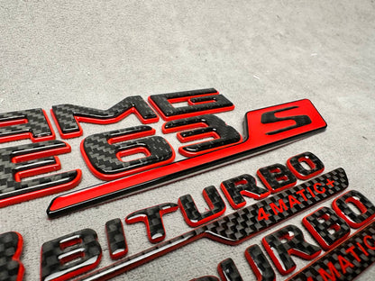 AMG E 63S V8 biturbo 4 MATIC+ New Style Red and Carbon Badges Emblems Set for Mercedes-Benz E-Class