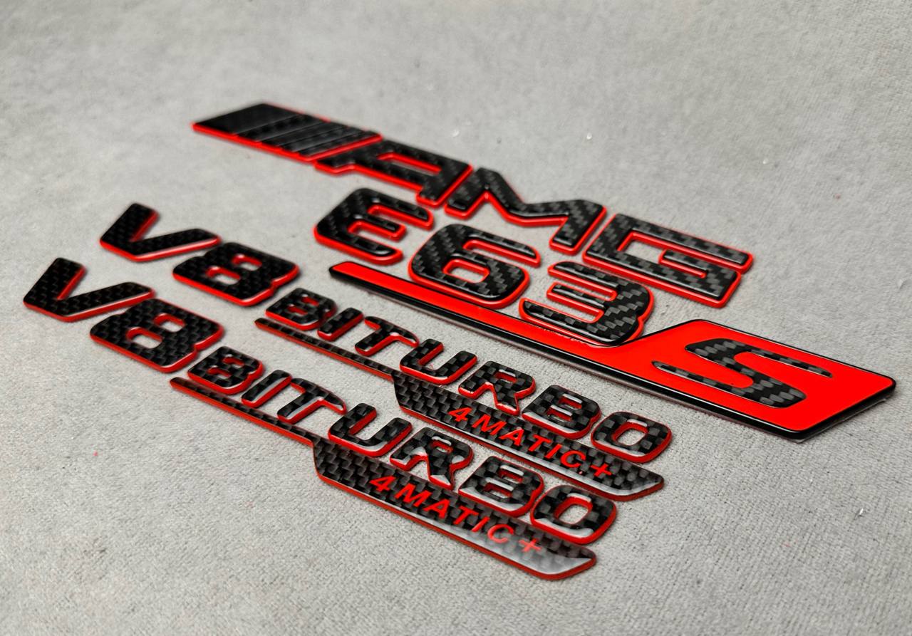 AMG E 63S V8 biturbo 4 MATIC+ New Style Red and Carbon Badges Emblems Set for Mercedes-Benz E-Class