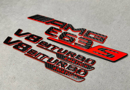 AMG E 63S V8 biturbo 4 MATIC+ New Style Red and Carbon Badges Emblems Set for Mercedes-Benz E-Class