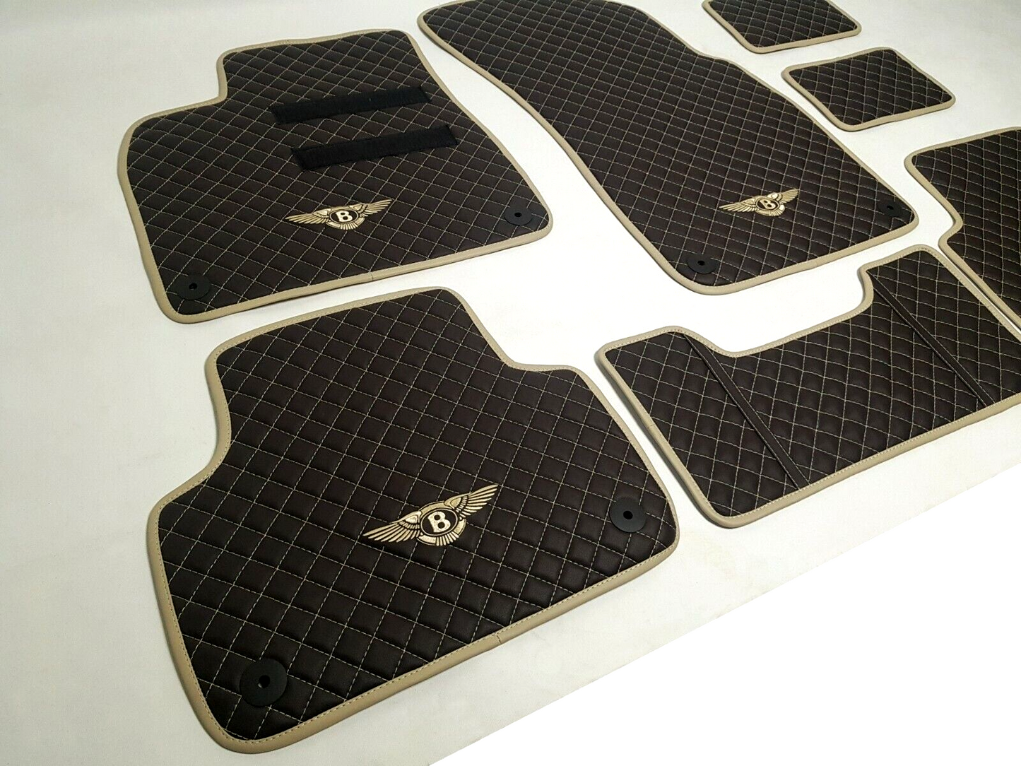 Floor Mats Eco Brown Leather White Embroidery made for Bentley Bentayga