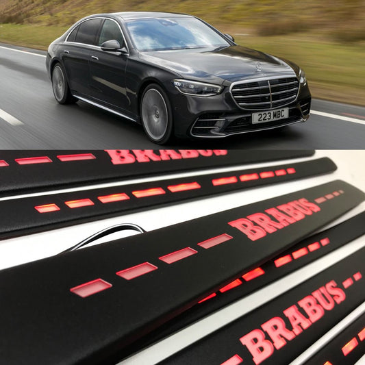 W223 Scuff Plates Brabus Style Red LED Matte Black Door Sills made for S-Class